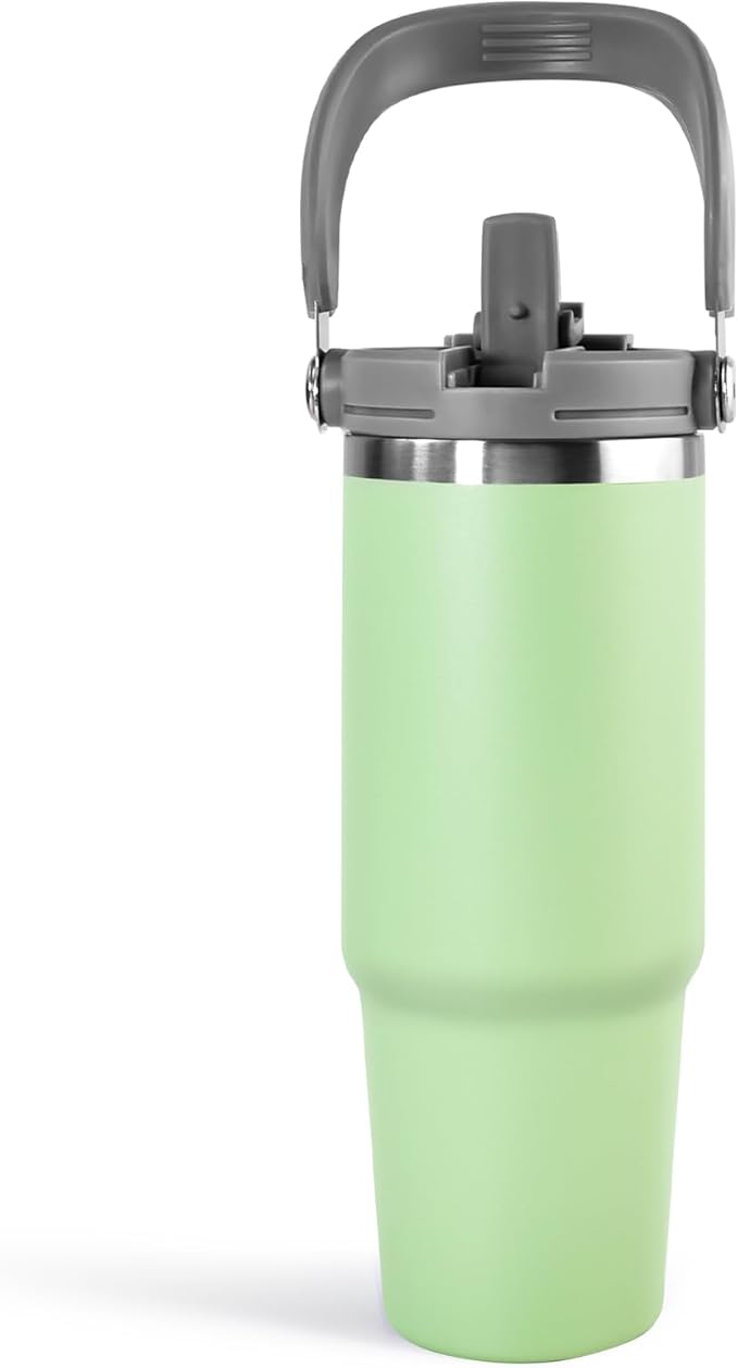 30 oz Tumbler with Handle and Straw Lid, Double Walled Vacuum Insulated Water Bottle Leakproof Tumbler Travel Coffee Mug Thermal Cup, Cupholder Friendly for Office, Home, Sport, Green