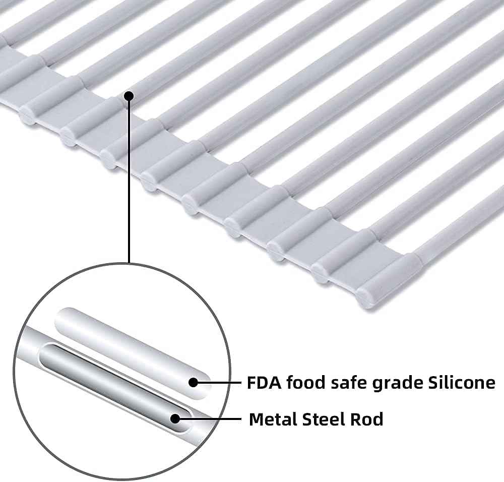 20.5 inches L x 13 inches W Roll-Up Dish Drying Rack Large Over The Sink , Heat-Resistant Anti-Slip Silicone Coated Stainless Steel Dish Drainer Multipurpose for Kitchen Counter, Gray