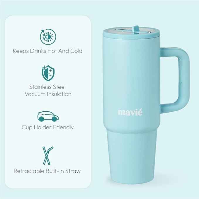 40oz Tumbler With Handle & Built-In Flip Straw, Double Insulated Stainless Steel Water Bottle With Leakproof Clear Lid, Scratch Resistant, Reusable Cup Holder Friendly Travel Coffee Mug (Blue)