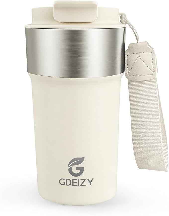 Insulated Coffee Mug, 17oz Stainless Steel Travel Mug with Flip-Top Straw Lid, Leak Proof Vacuum Insulated Tumbler, Reusable Coffee Cup for Hot & Cold Drinks, Milky White