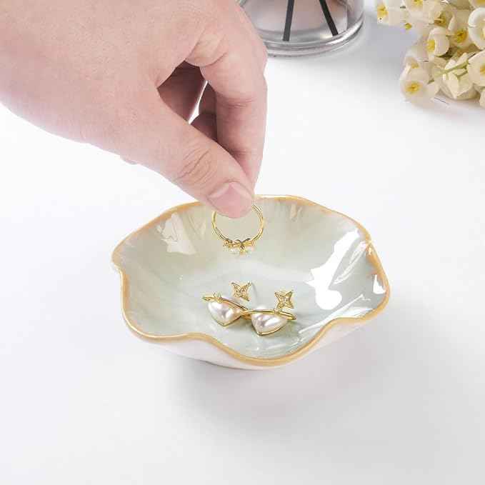 2PCS Lotus Leaf Shape Ring Holder Dish, Small Key Bowl, Ceramic Trinket Tray Jewelry Dish Organizing Necklace Earrings for Mom Friend Sister, All Jewelries Are NOT Included.White+Light Green.