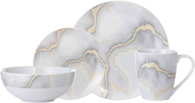 Safdie & Co. Electric Marble 16 Piece Dinnerware Set, Service for 4, Fiesta Dinnerware, home trends and home food network essentials, Porcelain dinner plates, 16" L x 12" W x 15" H