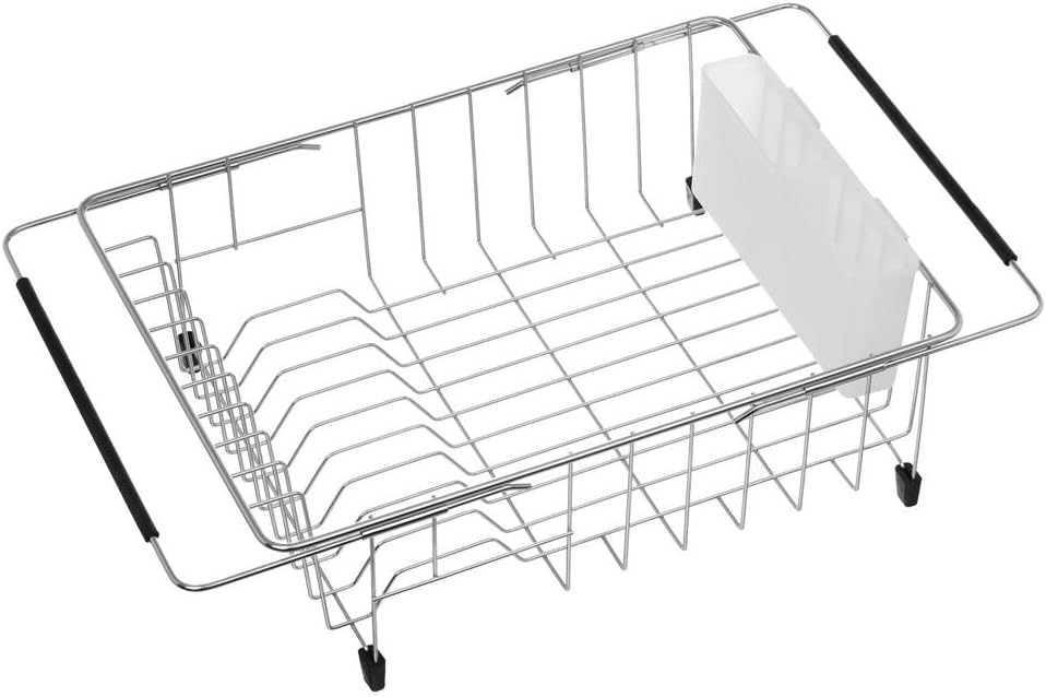 SANNO Large Expandable Dish Drying Rack Sink Dish Rack in Sink or On Counter, Dish Drainer Rustproof Stainless Steel with White Utensil Silverware Storage Holders