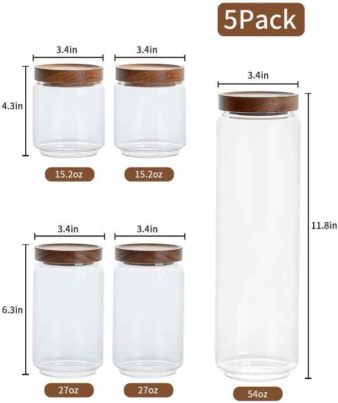 Kanwone Airtight Food Storage Containers with Bamboo lids set of 5, Stackable Food Storage Containers, Glass Canisters for Pantry, kitchen, Flour, Sugar, Tea, Coffee, Pasta, Cookies, Rice and Spice