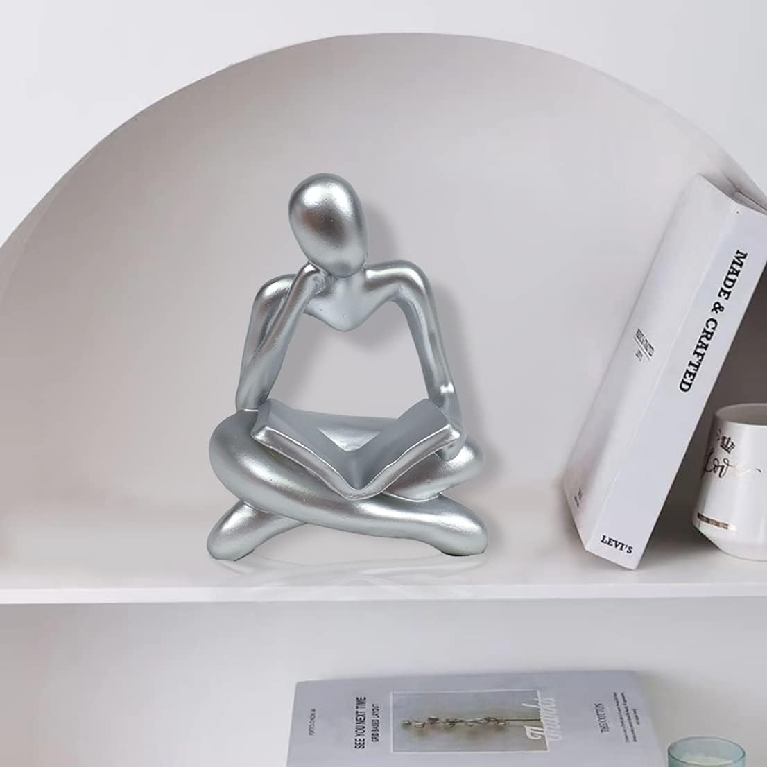 Thinker Statue - Silver Sculpture, Abstract Art, Women Figurine, Modern Decor Accents for Living Room, Office, Bookshelf