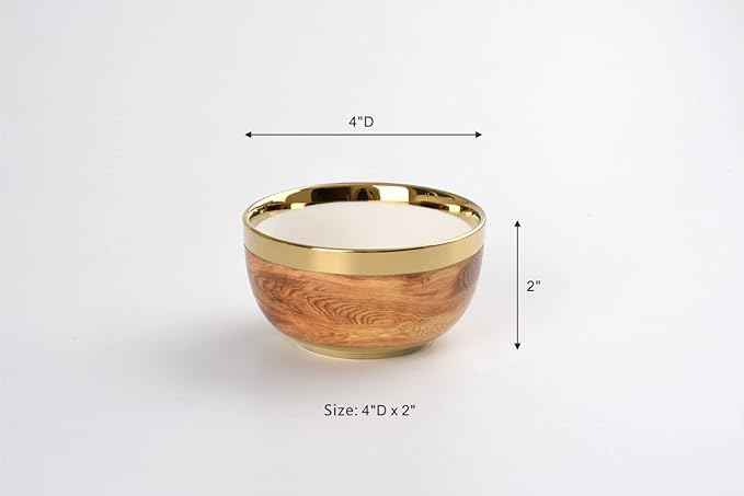 Pampa Bay Wood Look Titanium-Plated Porcelain Snack Bowl, 4.3 Inch, Gold/White/Wood look