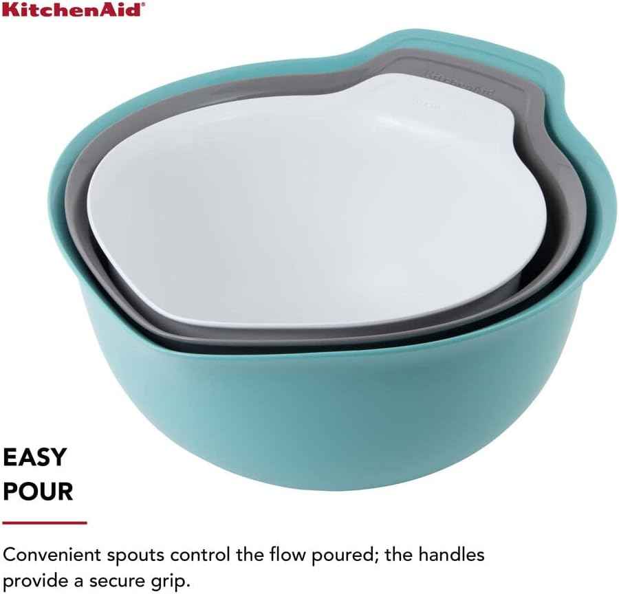 KitchenAid Universal Nesting Plastic Mixing Bowls, Set Of 3, 2.5 quart, 3.5 quart, 4.5 quart, Non Slip Base with Easy Pour Spout to Reduce Mess, Dishwasher Safe, Aqua Sky, White, Gray