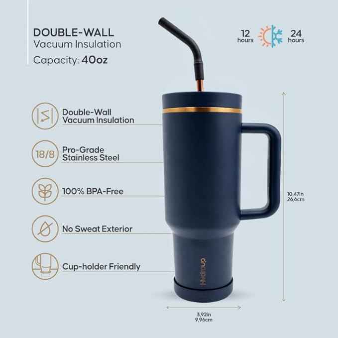 40oz Travel Tumbler Cup with Handle, Two-Way Slider Lid, Stainless Steel Straw with Silicone Tip, Vacuum Insulated Water Bottle for Hot & Cold Drinks, Great Gifts for Mom (Blue Gold)