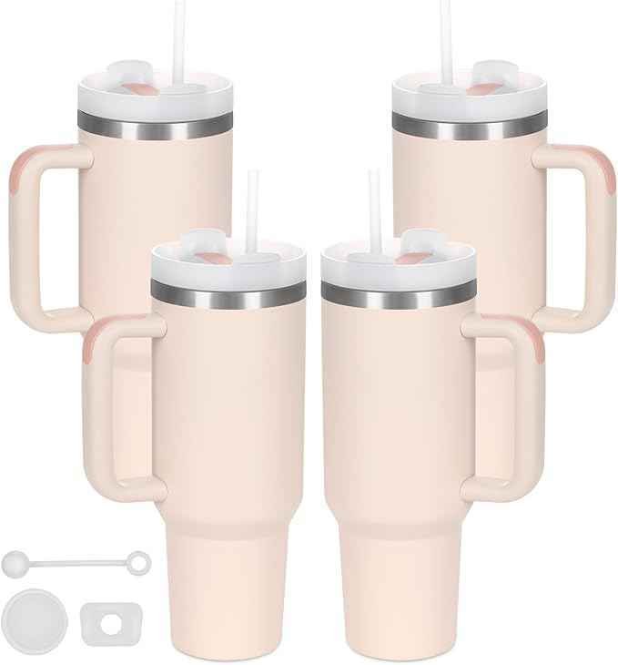 4 Pack 40 Oz Tumbler with Handle Bulk, Double Wall Vacuum Insulated Stainless Steel Tumbler with Lid and Straw, 40 oz cup with Silicone Spill Proof Stopper Set (Rose Quartz)