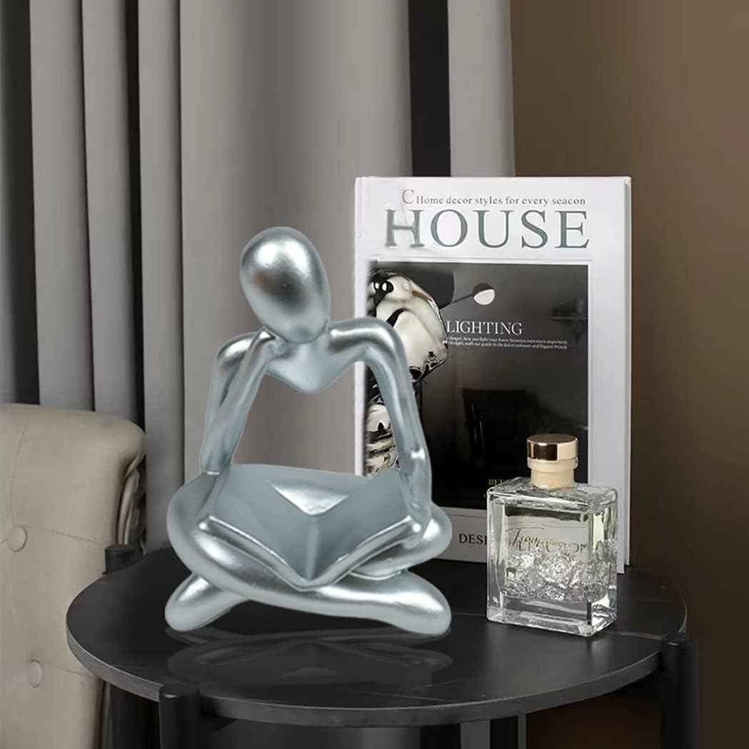 Thinker Statue - Silver Sculpture, Abstract Art, Women Figurine, Modern Decor Accents for Living Room, Office, Bookshelf