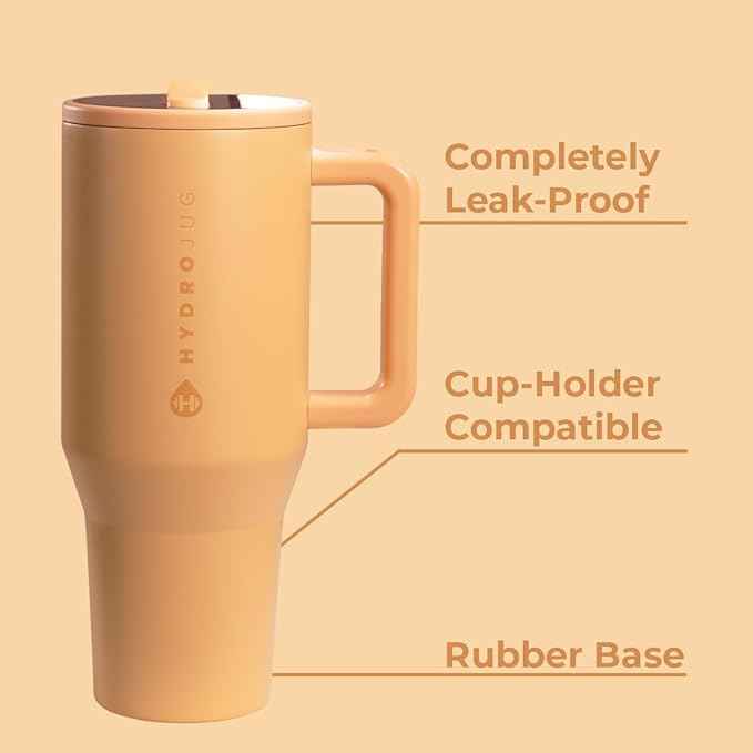 HydroJug Traveler - 40 oz Water Bottle with Handle & Flip Straw - Fits in Cup Holder, Leak Resistant Tumbler-Reusable Insulated Stainless Steel & Rubber Base - Gifts for Women & Men, Marigold