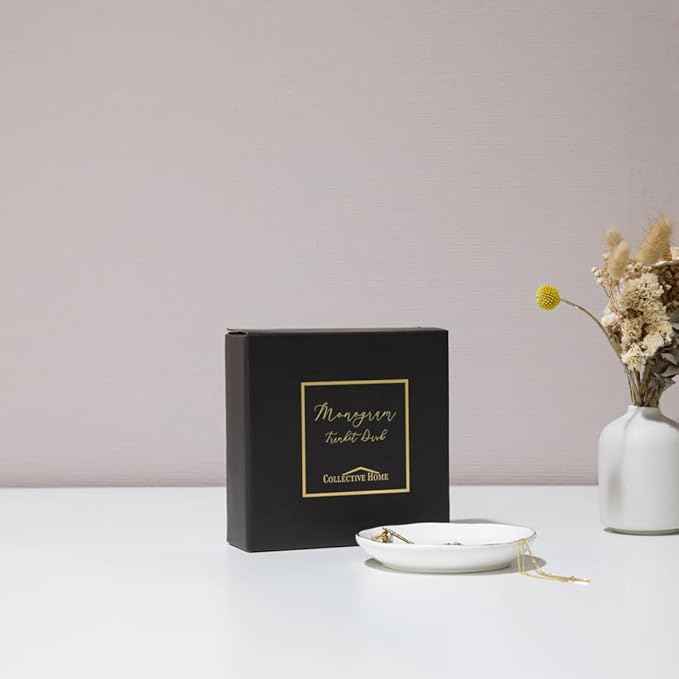 COLLECTIVE HOME - Ceramic Jewelry Tray, Decorative Trinket Dish for Rings Earrings Necklaces Bracelet Watch Keys, Birthday Mother's Day Christmas Gift for Women, 4.75", White Surface (V)
