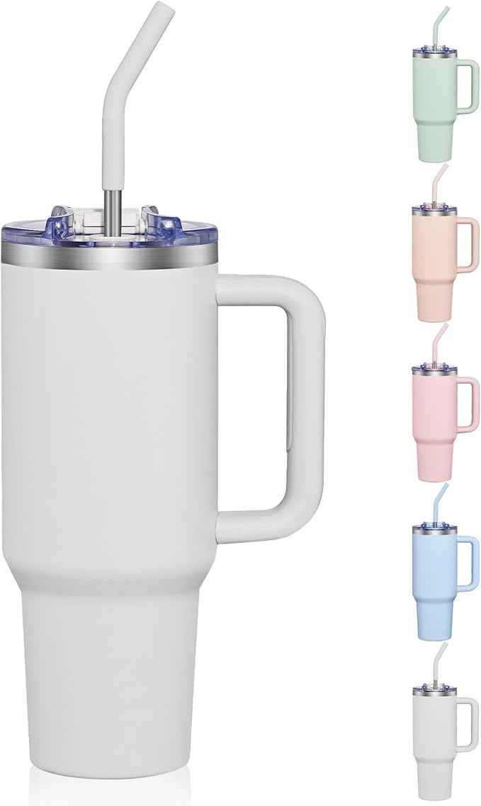 COKTIK 40 oz Tumbler With Handle and Straw, Insulated Tumbler With Leakproof Lids, Stainless Steel|BPA-Free, Cold for 24 H (Grey)