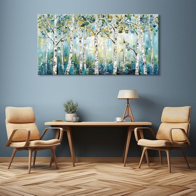 LASMOND Abstract Teal Grove Canvas Paintings Prints Modern Tree Wood Artwork Decor Wall Art for Living Room Bedroom Offices (58x28 Inches)