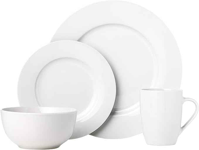Amazon Basics 16-Piece Porcelain Dinnerware Set, Microwave and Dishwasher Safe, Service for 4, Plates, Bowls and Mugs, White