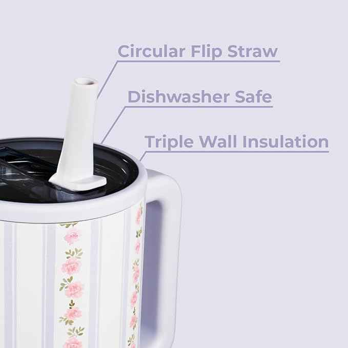 HydroJug Traveler - 32 oz Water Bottle with Handle & Flip Straw - Fits in Cup Holder, Leak Resistant Tumbler-Reusable Insulated Stainless Steel & Rubber Base - Gifts for Women & Men, Primrose