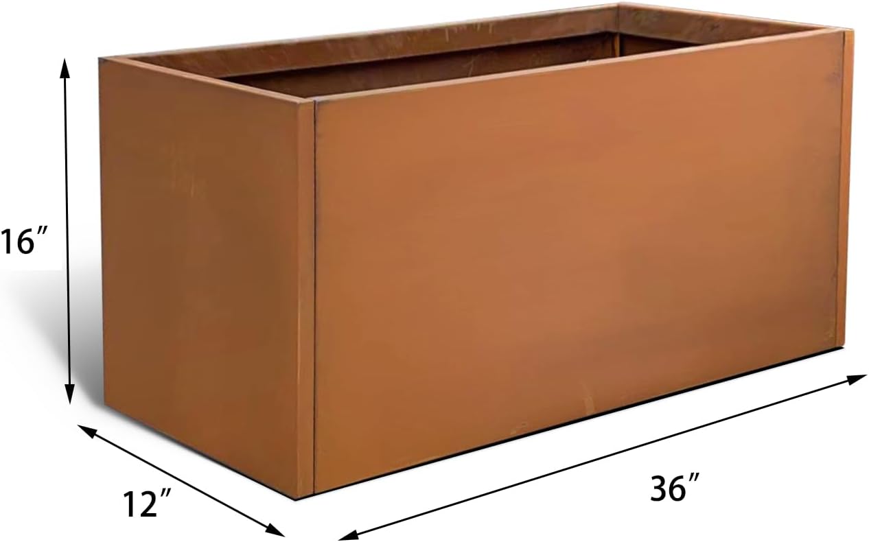 Corten Steel Corner Metal Planter Box Garden Steel Planter Pot for Patio Modern Farmhouse Rustic Design (L36 x W12 x D16, Rusted)