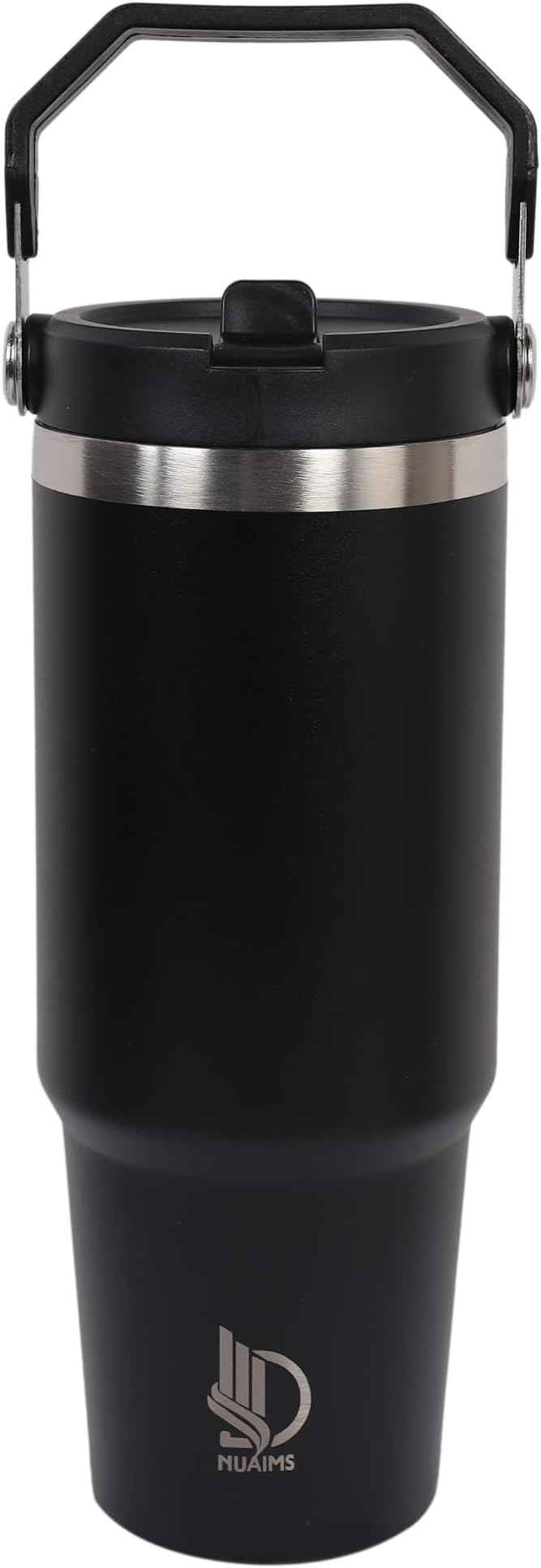30oz Stainless Steel Insulated Water Tumbler with Handle | Secure Twist Lid & Flip Straw | Leak-Proof, BPA-Free IceFlow Inspired Design (Charcoal Black)