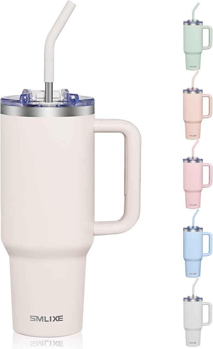 COKTIK 40 oz Tumbler With Handle and Straw, Insulated Tumbler With Leakproof Lids, Stainless Steel|BPA-Free, Cold for 24 H (Beige)