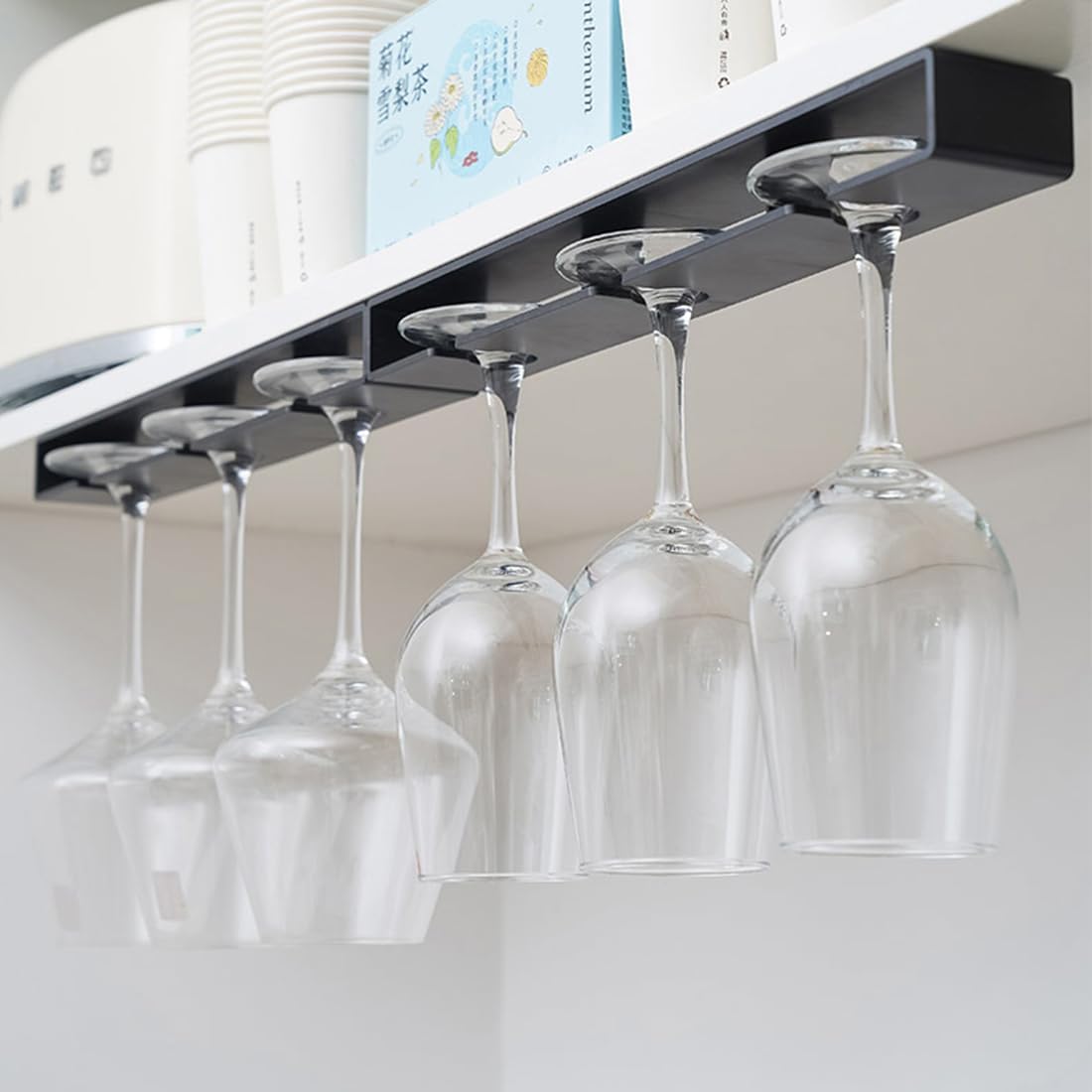 4Pack Wine Glass Holder Under Cabinet Shelf,Plastic Wine Glass Rack Stemware Drying Storage Hanger for Kitchen,Bar and Restaurant(Black)