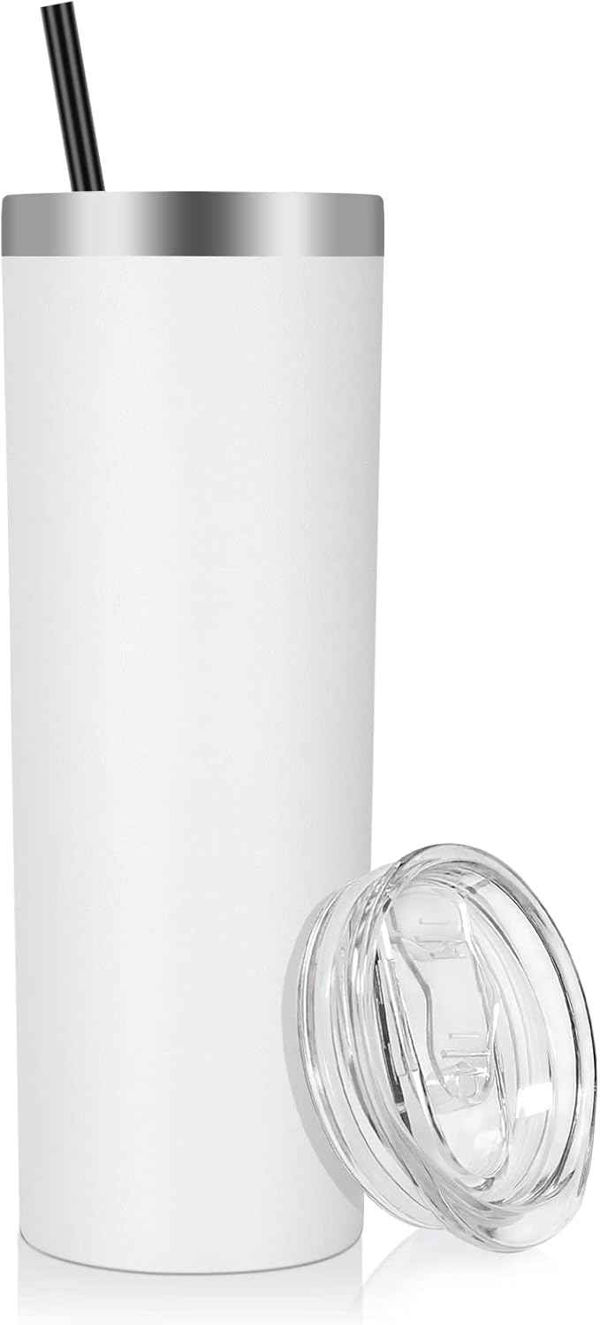 VEGOND Stainless Steel Skinny Tumbler, 20 oz Vacuum Insulated Tumbler with Lid and Straw, Double Wall Coffee Cup, Travel Mug for Cold Hot Drinks, White 1 Pack