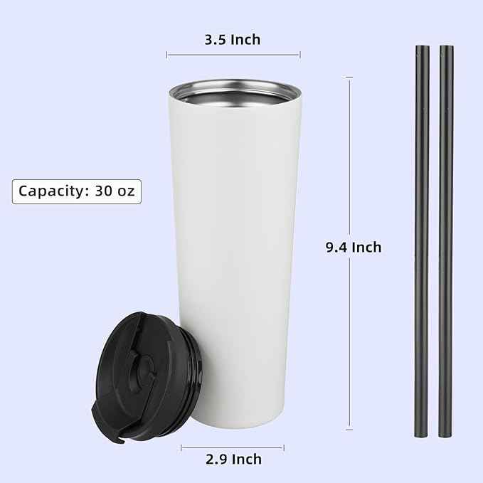 Konokyo 30 OZ Insulated Tumbler with Lid and 2 Straws Stainless Steel Water Bottle Vacuum Travel Mug Coffee Cup,Angel White
