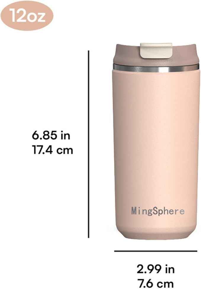 Travel Coffee Mug with Lid, 12 oz Insulated Tumbler, Leak Proof Stainless Steel Cup, for Hot Coffee, Iced Tea & Water, BPA Free, Car Cups Holder Friendly, Pink