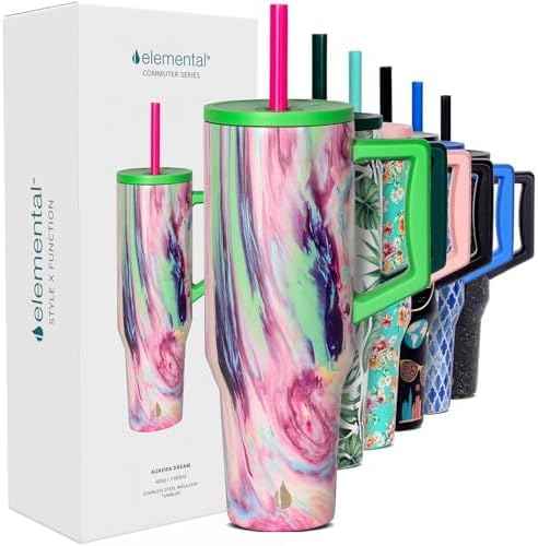 Elemental 40 oz Tumbler with Handle and Straw - Spill Proof Insulated Stainless Steel Commuter for Cold Beverages - Travel Coffee Mug with 2 Straws & Spill Proof Lid - 40oz - Aurora Dream