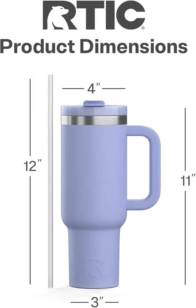RTIC 40 oz Road Trip Tumbler Double-Walled Cermaic Lined Insulated Stainless Steel Portable Travel Coffee Mug Cup with Lid, Handle and Straw, Periwinkle