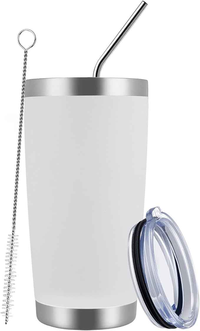 MEWAY 20oz Tumbler Cup Double Wall Vacuum Insulated Travel Mug Bulk, Stainless Steel Tumblers with Lid and Straw, Durable Powder Coated Coffee Cups for Cold & Hot Drinks (White, 1)