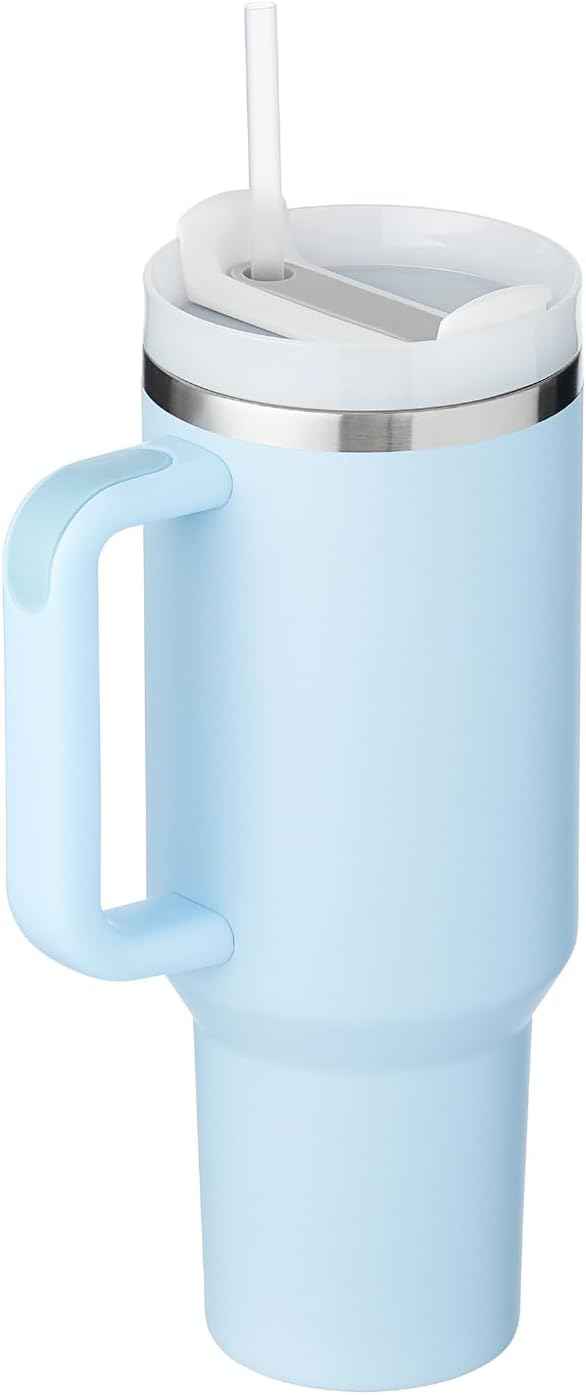 40oz Tumbler With Handle & Straw, Vacuum Insulated Stainless Steel Water Bottle With Leakproof Twist Sip Lid, Rubber Base, Dishwasher Safe, Cup Holder Friendly Travel Coffee Mug (Sky Blue)