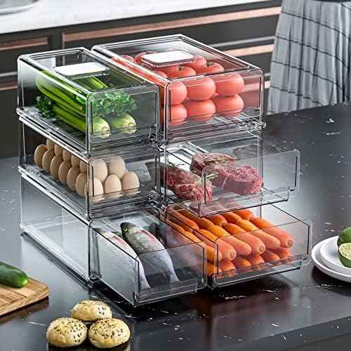 YekouMax Pantry Organizers and Storage Bins, Refrigerator Organizer, Plastic Stackable Storage Bins with Drawers, Pull-Out Cabinet Containers for Fridge Kitchen Office (2 PACK, Extra Large & Medium)