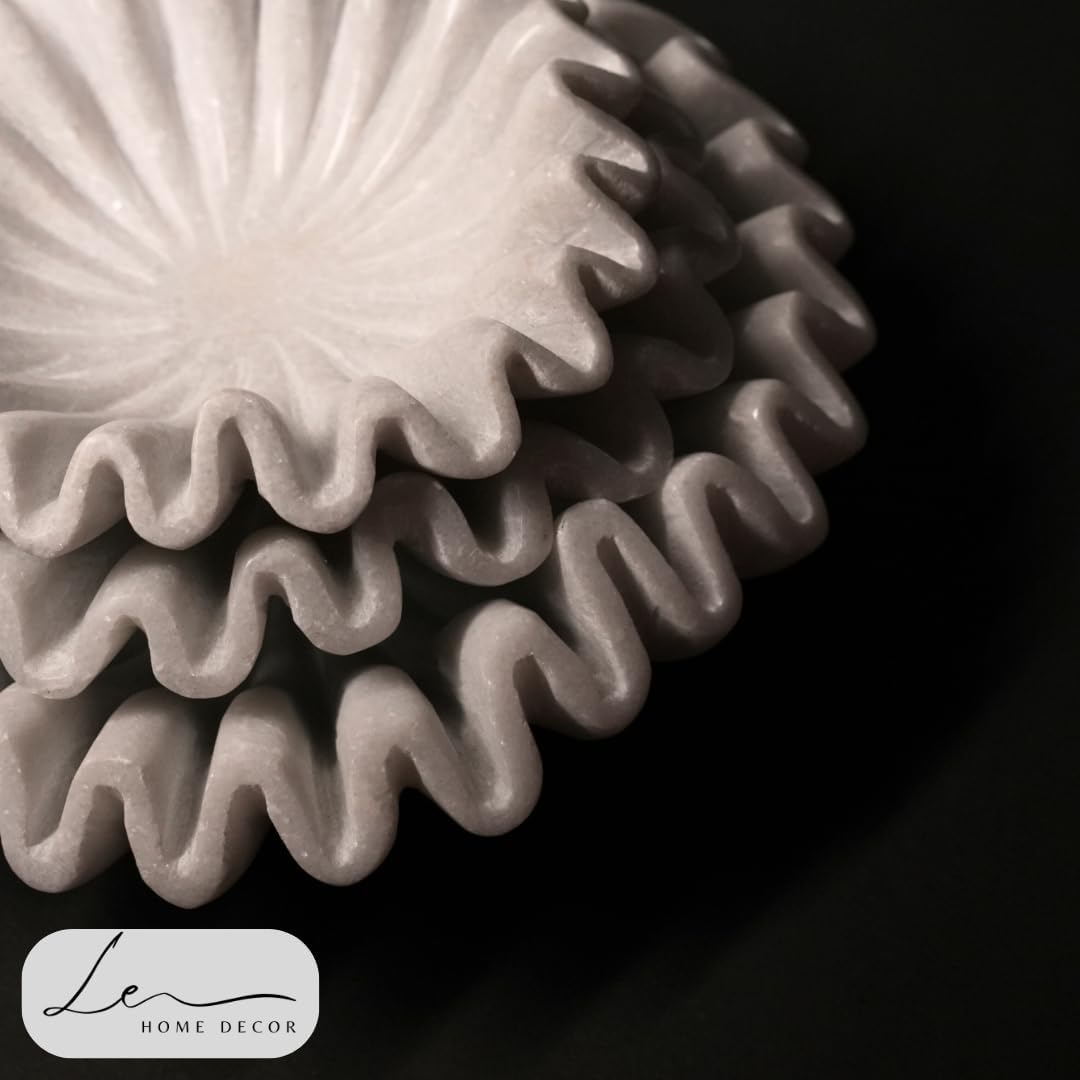 Handmade Marble Scalloped Bowl - 7 inches/Decorative Ruffle Home Decor Bowl/Natural Stone Ruffle Dish/Handcrafted White Marble Dish (7 Inches)