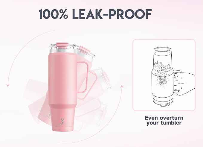 Meoky 40oz Tumbler with Handle, Stainless Steel Travel Mug with 2-in-1 Straw and Sip Lid, Vacuum Insulated Coffee Mug, 100% Leak Proof, Keeps Cold for 34 Hours or Hot for 10 Hours (Blush)