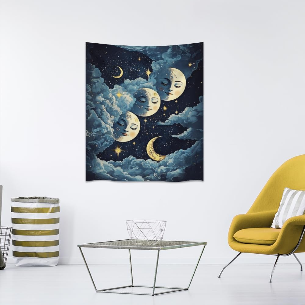 Blue Moon Faces Tapestry Celestial Wall Art Dark Academia Aesthetic Print Stars Clouds Tapestries Wall Hanging whimsical Gothic Home Decor for Bedroom Living Room 70x90inch