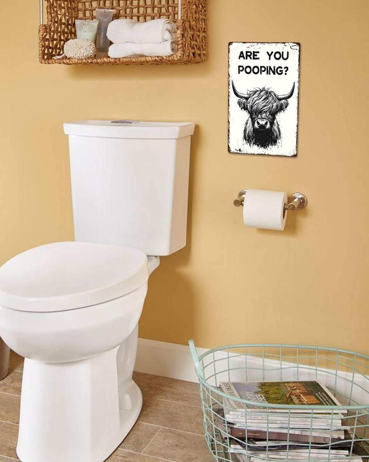 ALKB Funny Highland Cow Are You Pooping Metal Signs Vintage Farmhouse Bathroom Wall Decor Highland Cow Lovers Gift 8 x 12 Inch