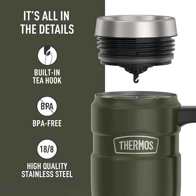 THERMOS Stainless King Vacuum-Insulated Travel Mug with Handle - 16oz, Army Green - Thermos Tumbler for Hot & Cold Drinks - Leak-Proof & Sweat-Proof Stainless Steel Coffee Mug with Lid for Commuting