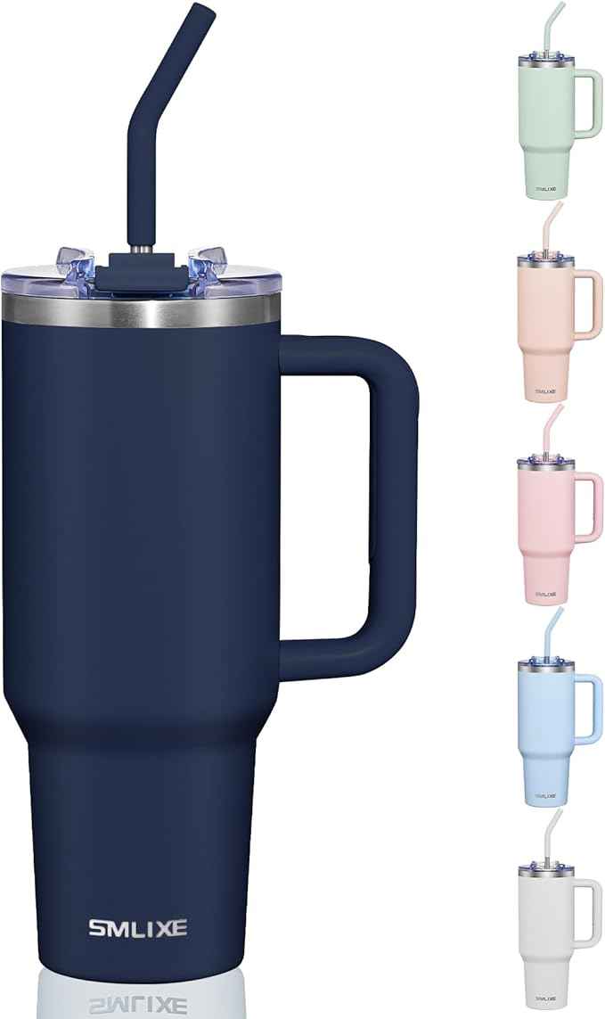 COKTIK 40 oz Tumbler With Handle and Straw, Insulated Tumbler With Leakproof Lids, Stainless Steel|BPA-Free, Cold for 24 H (Navy)