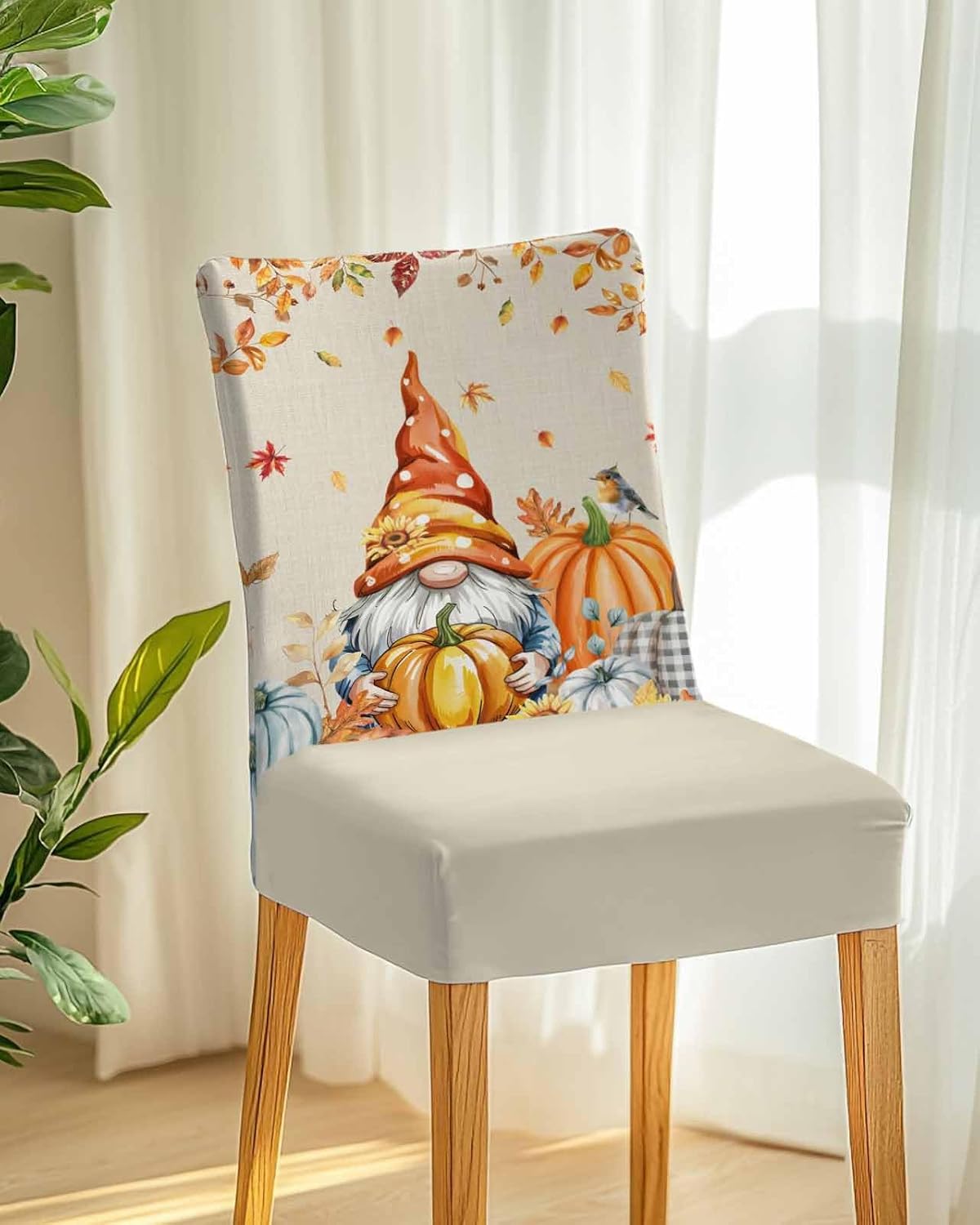 6 Pcs Dining Chair Covers Stretch Spandex Slipcovers Farm Thanksgiving Gnome Pumpkin Removable Washable Dining Room Seat Cover Cushion Protector for Home Hotel Banquet Decor Fall Maple Leaves Linen