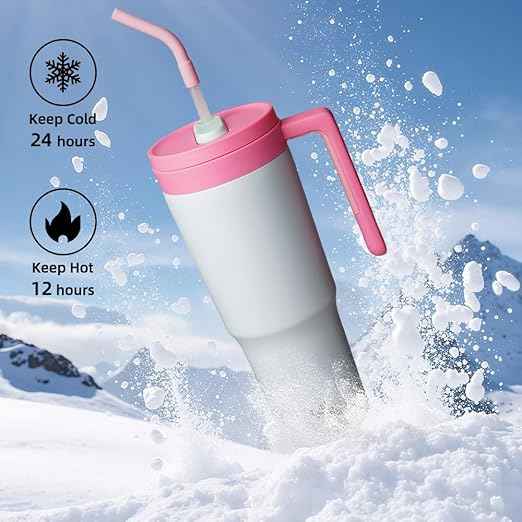 Konokyo Insulated Tumbler with Handle and Straw,40 OZ Vacuum Stainless Steel Water Bottle Travel Mug Metal Cup with Fruit Diffuser,Pink Grey