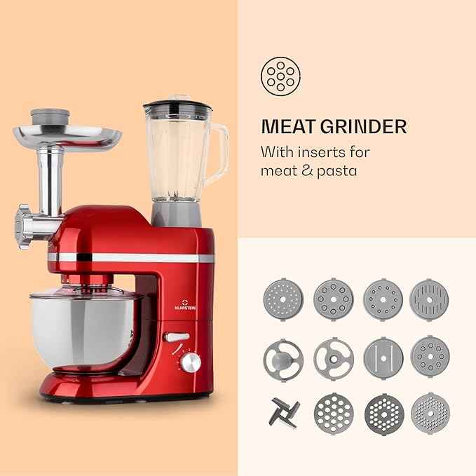 Klarstein Lucia Elegance - Stand Mixer, Food Processor and Mixer, Meat Grinder, 1300 Watt in 6 Power Levels, Pulse Function, 5L Stainless Steel Bowl, 1.5L Glass Mixing Jug, Red