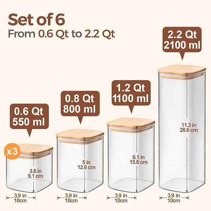 ComSaf Food Storage Containers with Airtight Lids Set of 6, Clear Glass Canister Food Jar with Sealing Lid Kitchen Pantry Storage Container for Spaghetti Pasta Sugar Flour Oat Cereal Beans, Square