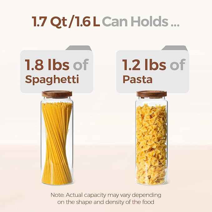 ComSaf 3Pcs (1.7Qt) Airtight Glass Pasta Storage Containers with Acacia Wood Lids, Tall Pantry Storage Container for Organizing Spaghetti and Pasta, Thick Glass Spaghetti Container with Pasta Labels