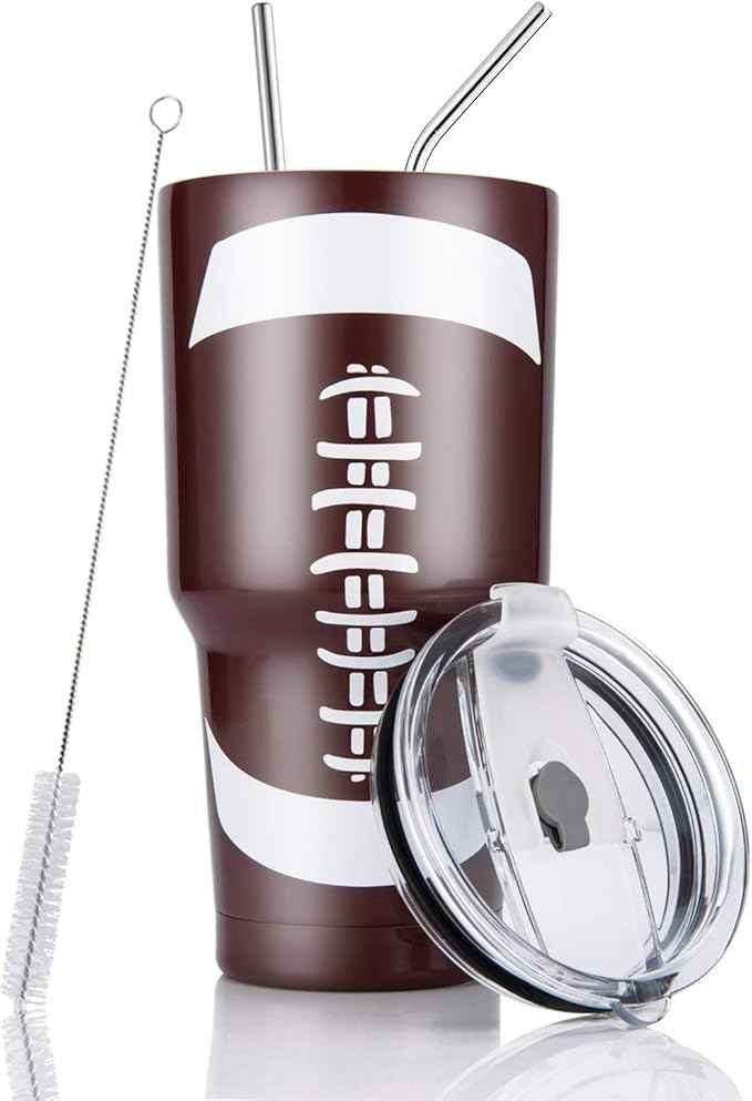 Joyclub 30oz Tumbler Stainless Steel Double Wall Vacuum Insulated Tumbler Cup Travel Mug with Lid, Straw and Cleaning Brush for Cold and Hot Drinks (Football)