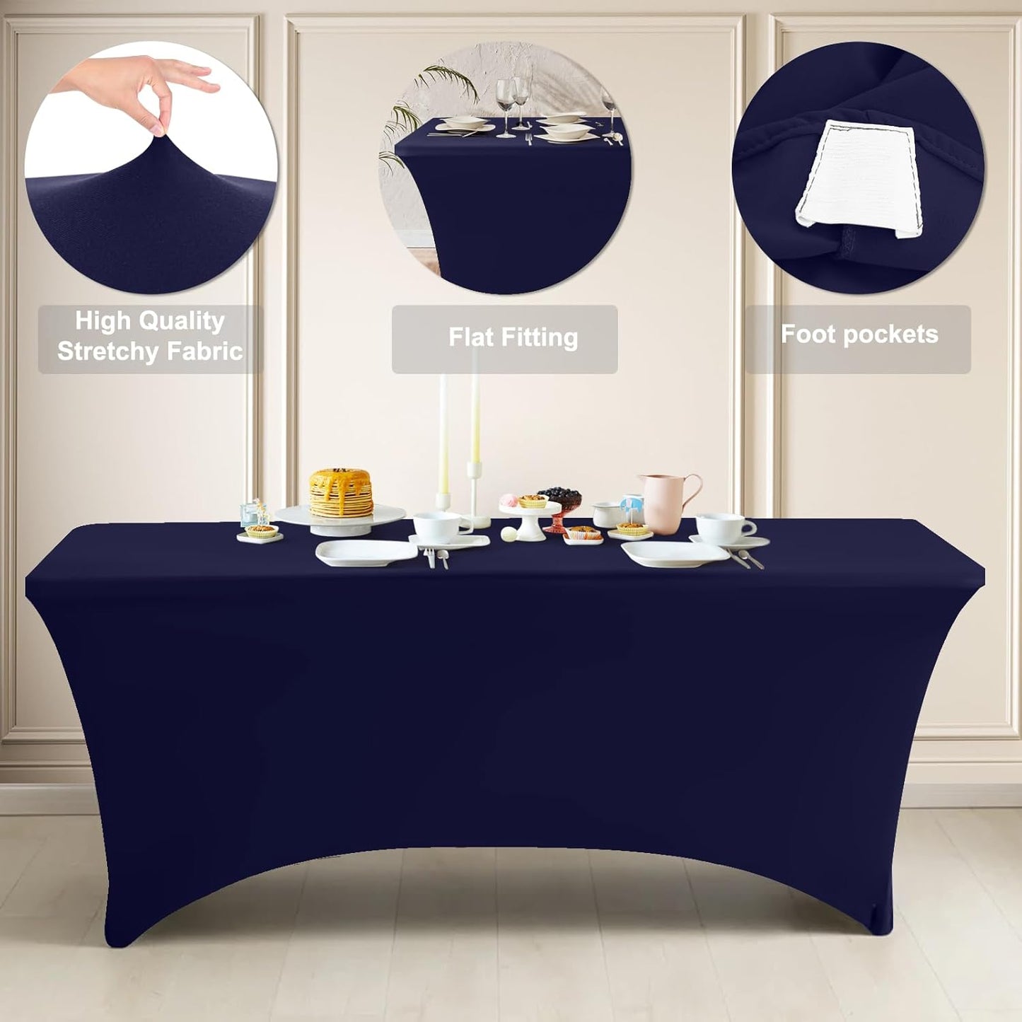 ABCCANOPY 2 Pack 6 FT Navy Spandex Table Cover Stretch Fitted Wrinkle Resistant Tablecloth Reuse for Rectangular Folding Table Patry Event Wedding Banquet Protector