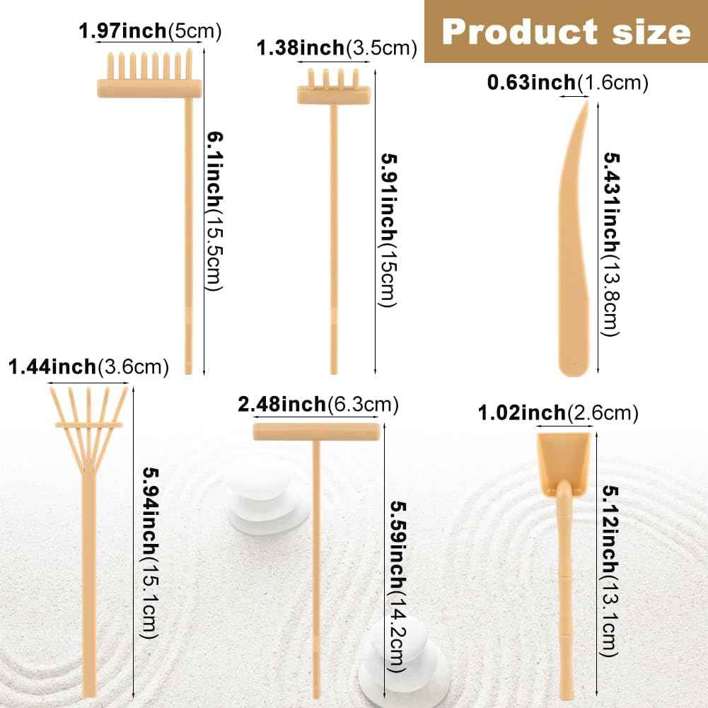 6 Pcs Mini Zen Garden Rake Tools, Miniature Tabletop Rock Zen Sand Rake Set with Pushing Drawing Pen 3 Small Rakes, Mini Sand Stamp Rakes, Meditation Rock Garden Accessories(Beige)