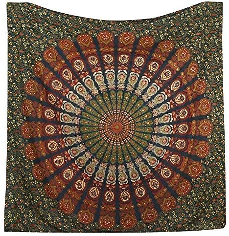 Bless International Handmade Indian hippie Bohemian Psychedelic Peacock Mandala Wall hanging College Dorm Beach Throws Table Cloth Bedding Tapestry (Golden Green, King(88x104Inches)(225x265Cms))