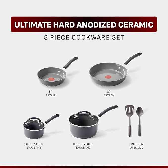 T-Fal Ultimate Hard Anodized Ceramic Nonstick 8 Piece Cookware Set, Oven Safe Up to 400°F, Dishwasher Safe, Pots and Pans Set, Includes Frying Pans, Saucepan, Cooking Utensils, Stone