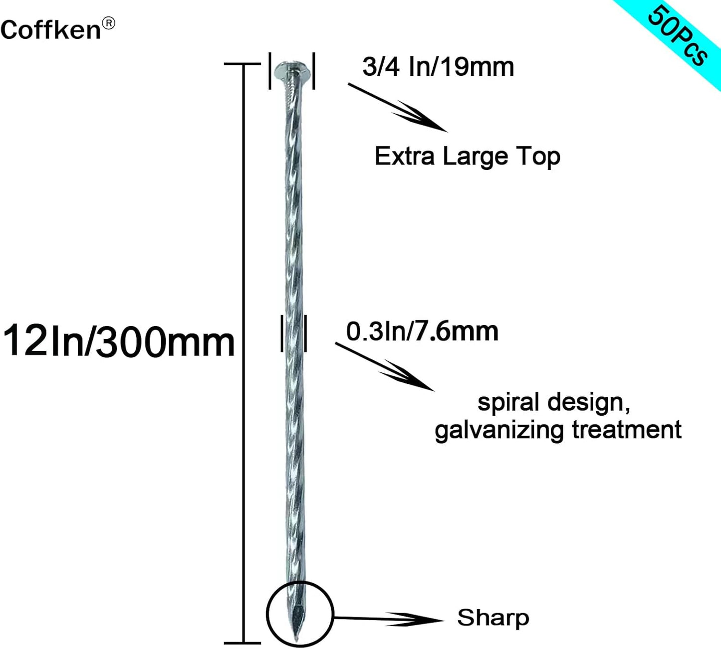 12" Heavy Duty Spiral Landscape Spikes - Solid Galvanized Metal Garden Stakes for Fixing Paver Edging, Weed Barriers, Artificial Lawn, Tent, Garden Plants and More (50 Pack)