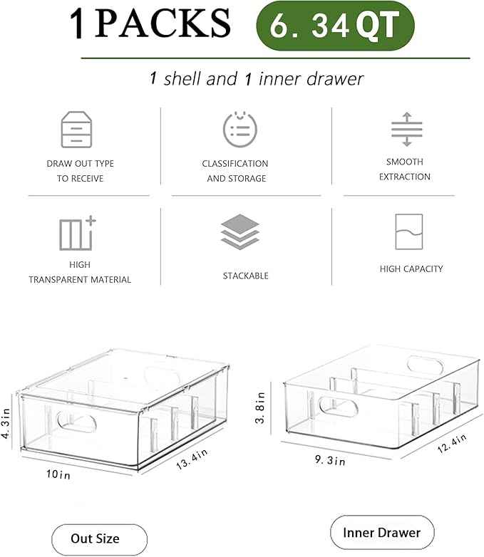 bealy Clear Drawer Organizer with 3 Dividers, Fruit Containers for Fridge Organization, Clear Stackable Storage Drawers, BPA Free, 6.34QT